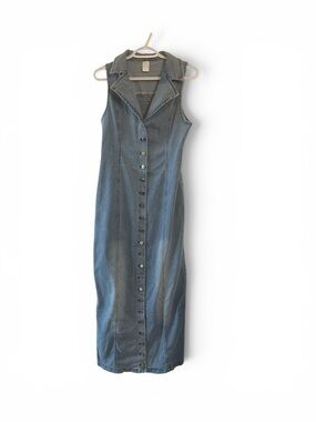 Sleeveless Light Blue Heavyweight Denim  Maxi Dress with Button Front, Stretch